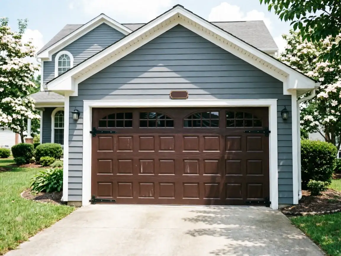 A brown garage door with windows on a gray house.