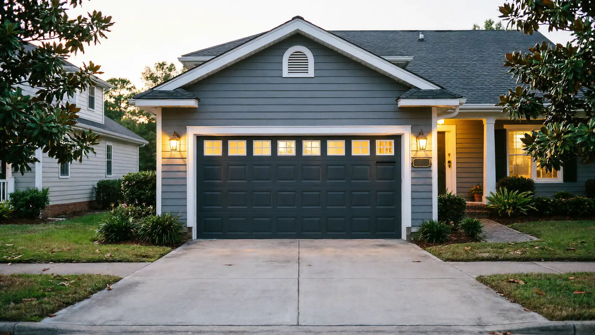 The house has a dark gray garage door with windows and two outdoor lights.