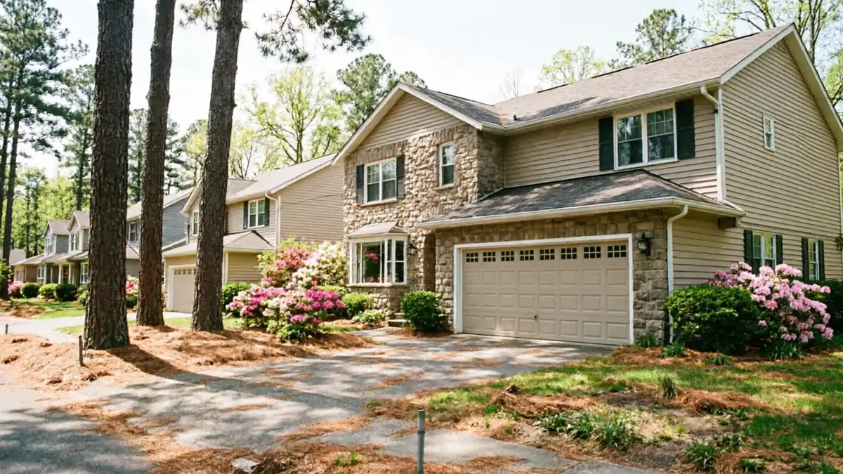 A row of houses with tan garage doors and blooming bushes line a tree-lined street.