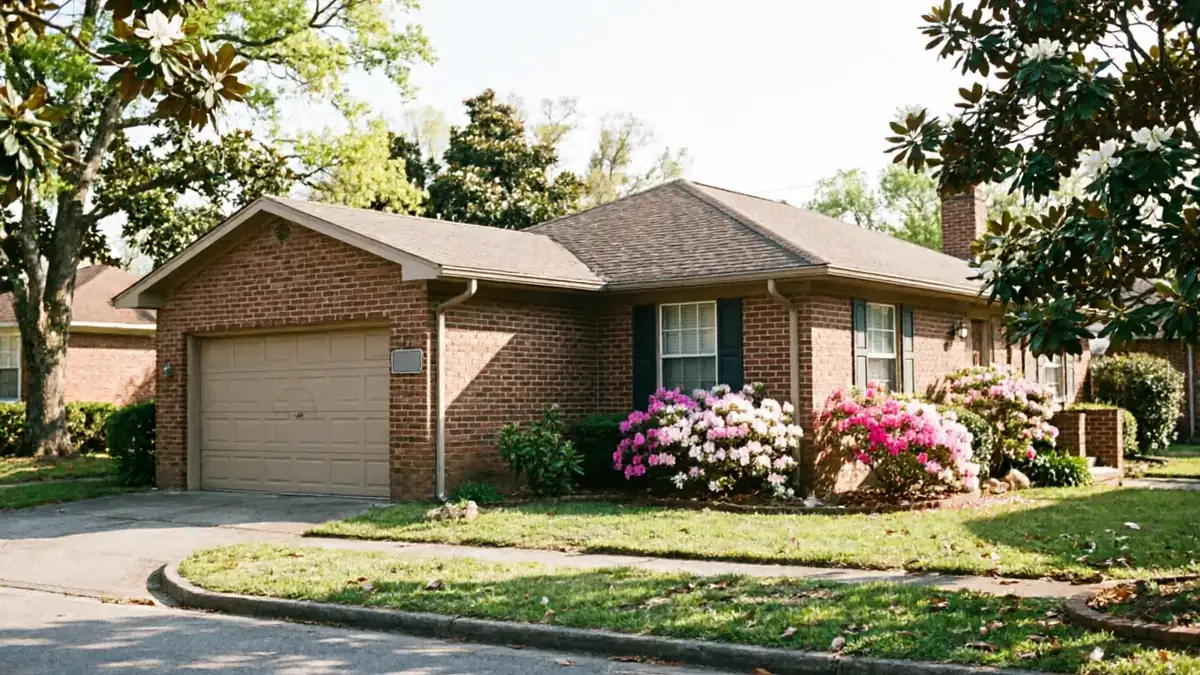 A brick house with a tan garage door and blooming bushes in the front yard.