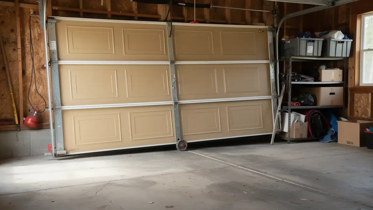 The tan garage door is off its track and leaning to the right.